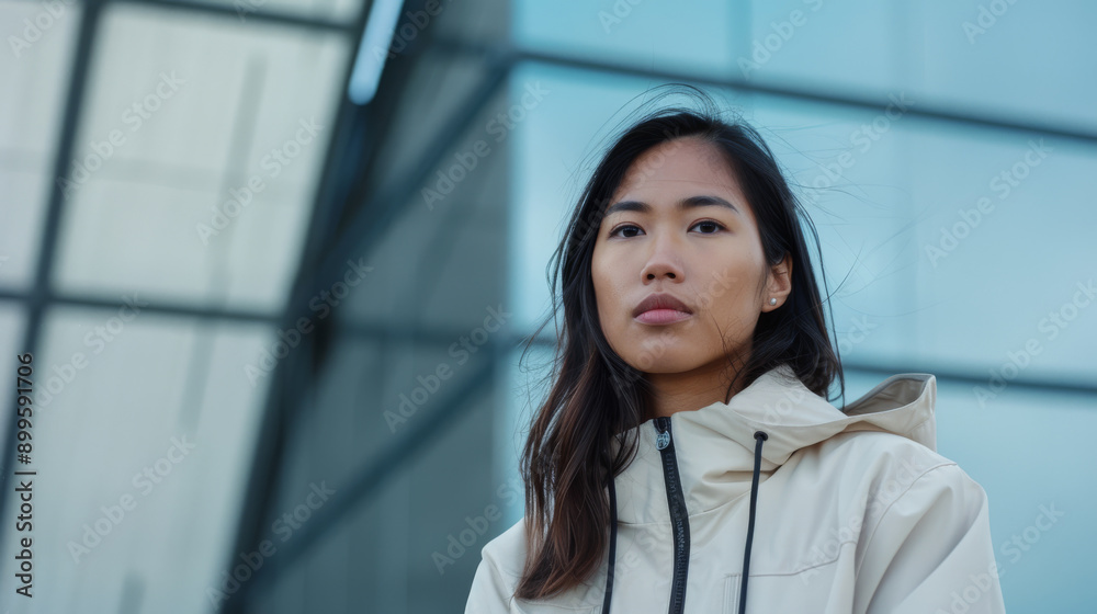 A young woman stands confidently in front of a modern glass building, dressed in a cream-colored jacket, her hair gently tousled by the wind. A young woman stands confidently in front of a modern glass building, dressed in a cream-colored jacket, her hair gently tousled by the wind.