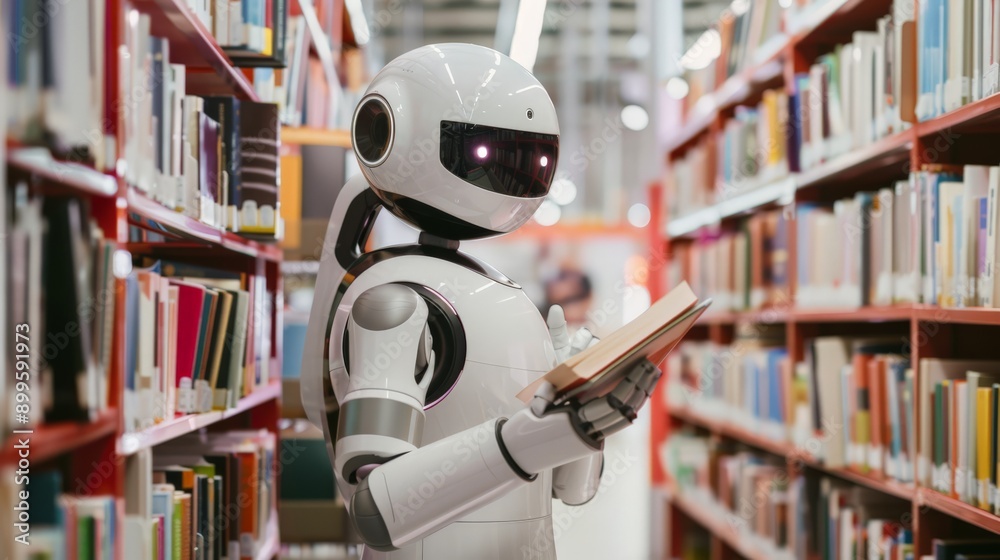 Humanoid robot reading a book in a library aisle. Represents the blend of technology and traditional learning environments. Humanoid robot reading a book in a library aisle. Represents the blend of technology and traditional learning environments.