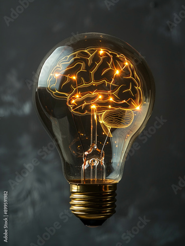 A light bulb with the shape of an adult human head and brain inside, glowing golden lights, the brain is made from wires and glass. The background has a dark grey color. photo