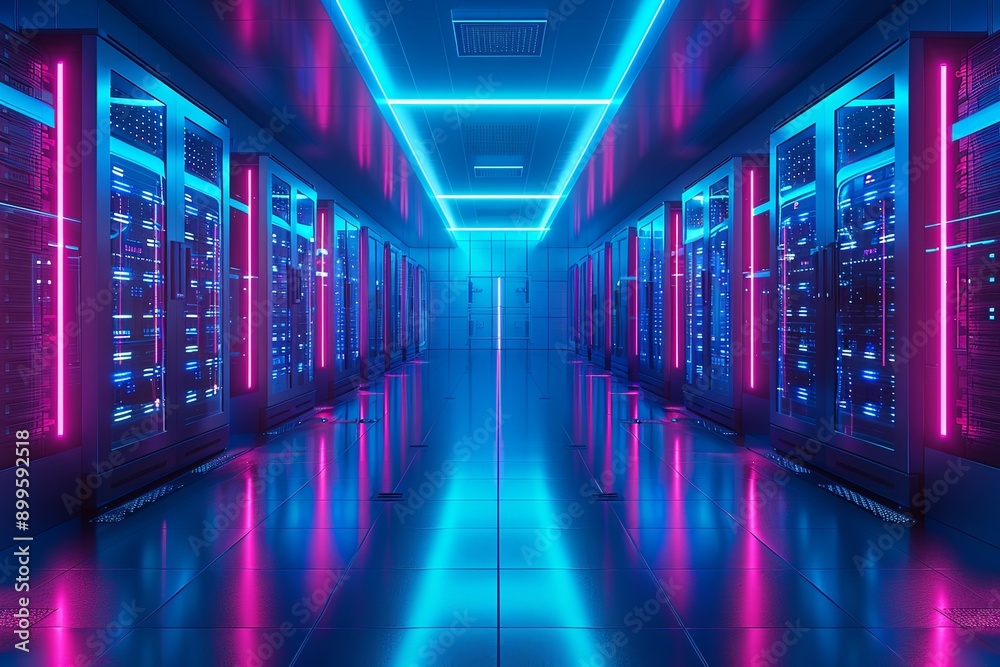 Fototapeta premium Illuminated Server Room With Neon Blue and Pink Lights at Night. Generative AI