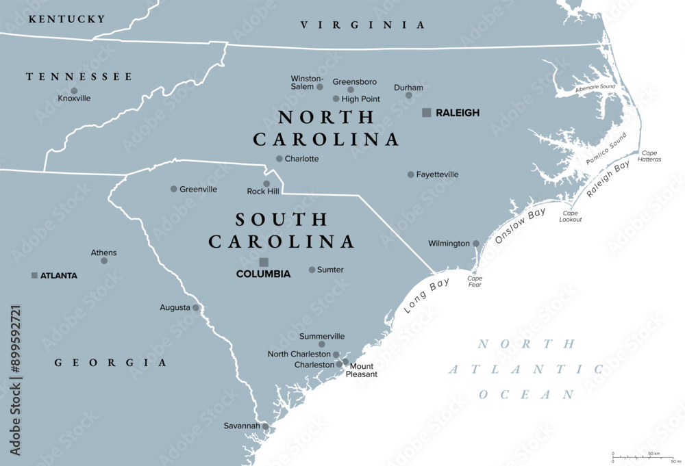 Obraz premium The Carolinas or simply Carolina, U.S. states North and South Carolina, gray political map, with borders and capitals Raleigh and Columbia. Bordered by Virginia, Tennessee, Georgia, and the Atlantic.