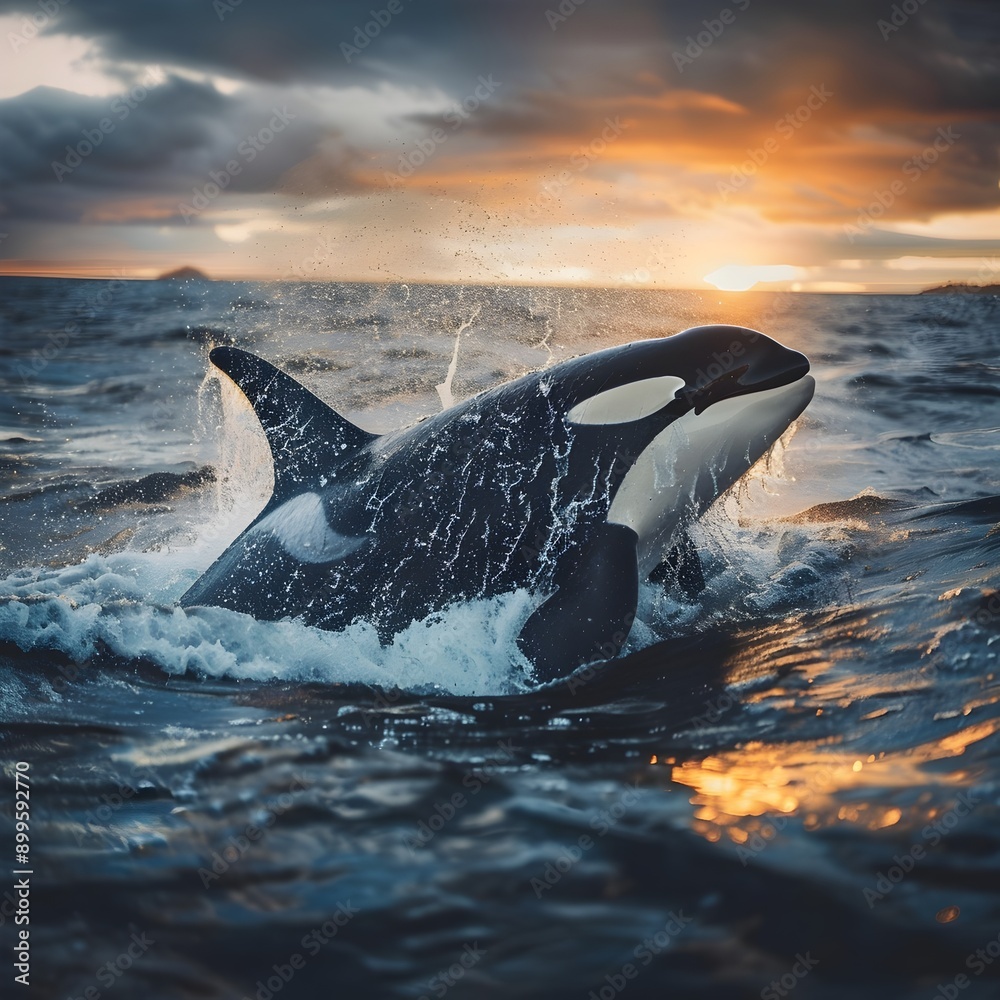 Fototapeta premium Orca Whale Breaching Dramatic Ocean Surface with Powerful Lighting