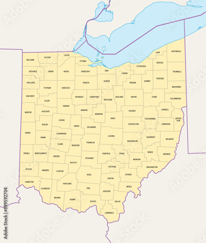 Ohio counties, political map with borders and county names. State in the Midwestern region of the United States, subdivided into 88 counties. Nicknamed Buckeye State, and Heart Of It All. Illustration