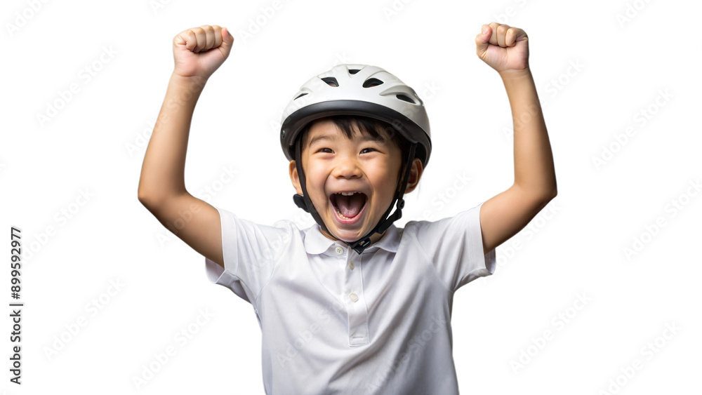 Child wearing a helmet, smiling with joy.