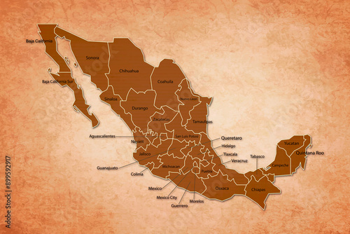 Mexico Map. Mexico Map with federal states in A vintage Color Texture Background