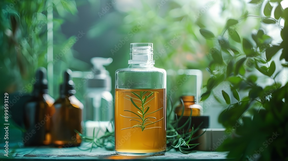 Transparent skincare bottles filled with natural essences, set against a lush forest background, emphasizing their organic and eco-friendly nature. Transparent skincare bottles filled with natural essences, set against a lush forest background, emphasizing their organic and eco-friendly nature.