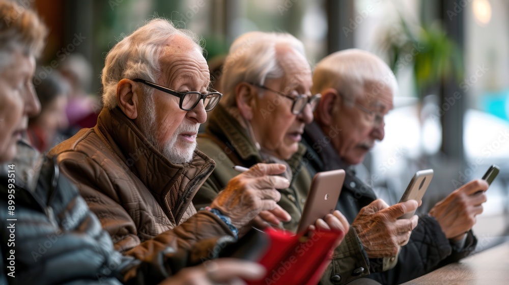 A group of elderly individuals focus intently on their smartphones while seated together in a welcoming café during the afternoon hours. Generative AI A group of elderly individuals focus intently on their smartphones while seated together in a welcoming café during the afternoon hours. Generative AI