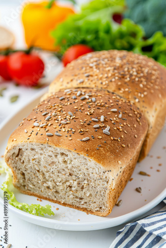 healthy bread, Close-up of golden-brown vegan bread with sunflower and chia seeds on white plate surrounded by vegetables, promoting healthy plant-based lifestyle.