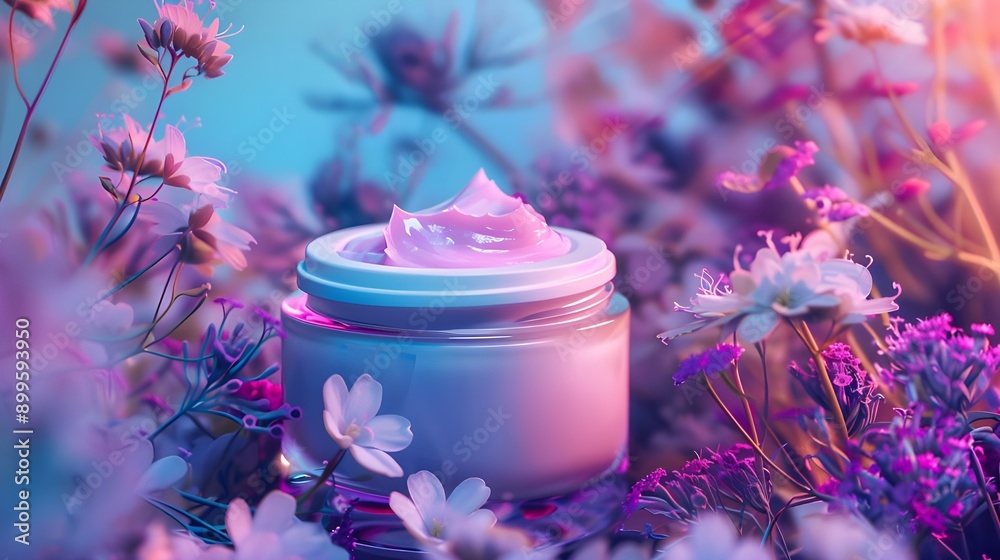 A lavender-infused skincare product illuminated by mesmerizing purple light, enhancing the visual appeal and aromatic properties of the product.