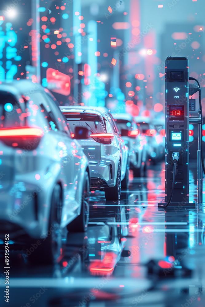 Fototapeta premium futuristic investment, Electric vehicles at a charging dock in a futuristic city, highlighting the rise of eco-friendly transportation.