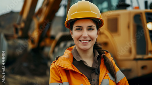 portrait of smiling woman wearing hard hat and jacket standing in front of bulldozer,Portrait of a 25 year old young beautiful bulldozer operator