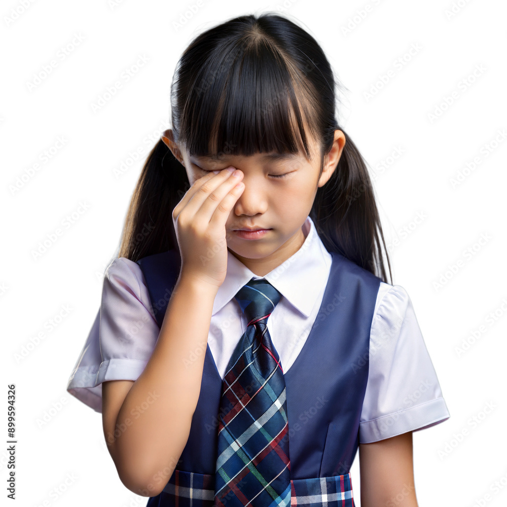 Young Student in School Uniform Rubbing Her Eyes Young Student in School Uniform Rubbing Her Eyes