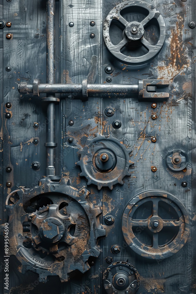 Ultra sharp photo featuring a metal background adorned with mechanical tools, pipes, cogs, wheels Ultra sharp photo featuring a metal background adorned with mechanical tools, pipes, cogs, wheels