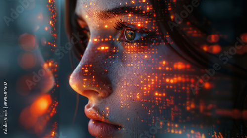 close up female face overlay digital data, dark environment, A moody close-up portrait of a woman's face overlaid with dynamic digital data