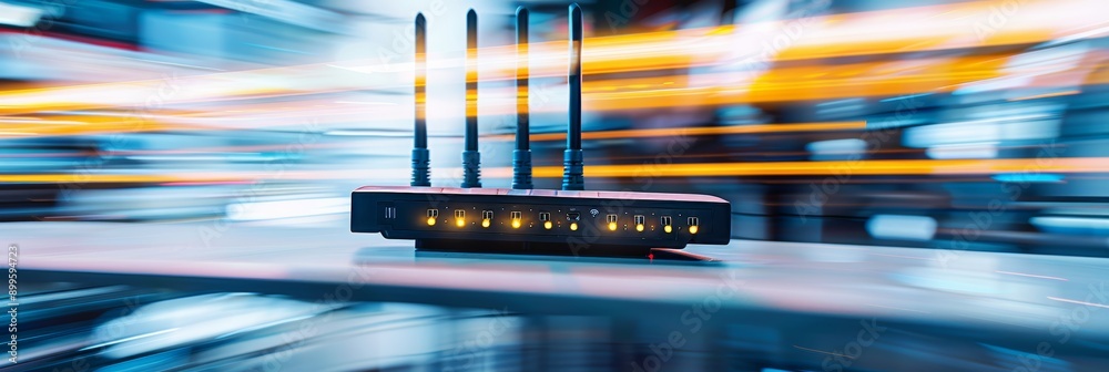 Ultra sharp photo featuring a modern high-speed router engineered for securing home networks Ultra sharp photo featuring a modern high-speed router engineered for securing home networks