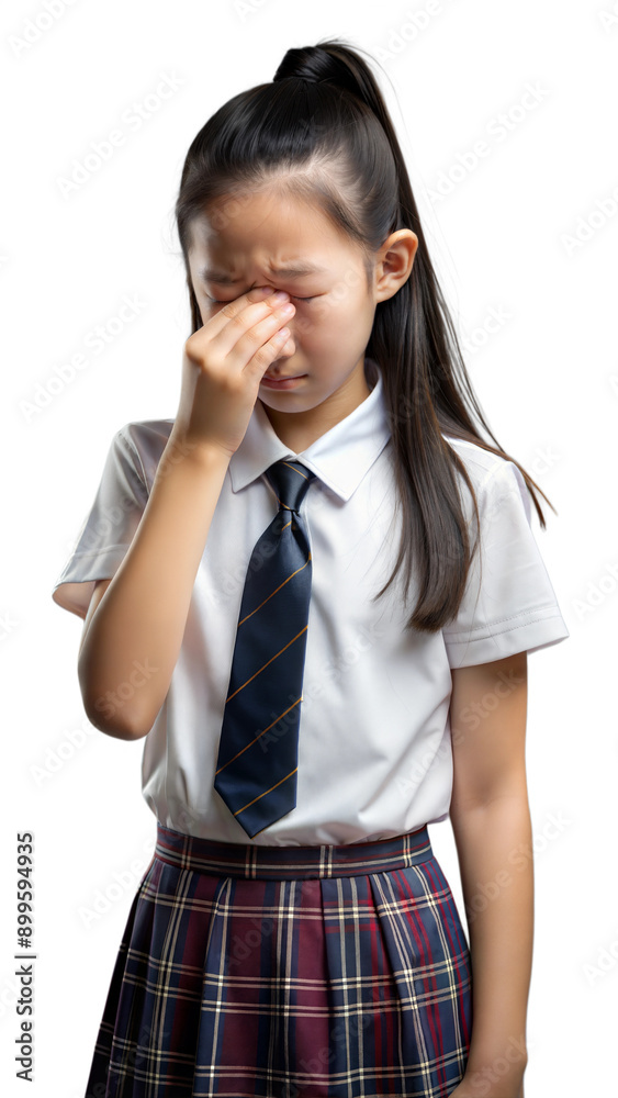 Young Student Wearing Uniform Expresses Emotion While Rubbing Her Eyes Young Student Wearing Uniform Expresses Emotion While Rubbing Her Eyes