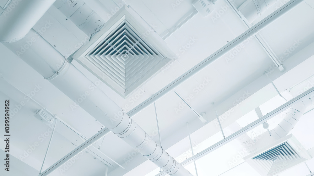 Obraz premium Overhead view of a sleek air vent integrated into a clean and modern ceiling, representing advanced climate control and minimalist design.