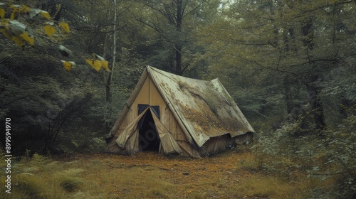 An old, weathered tent standing in a dense, overgrown forest, exuding a mysterious and forgotten atmosphere. Perfect for themes related to adventure, exploration, and the beauty of decay. photo