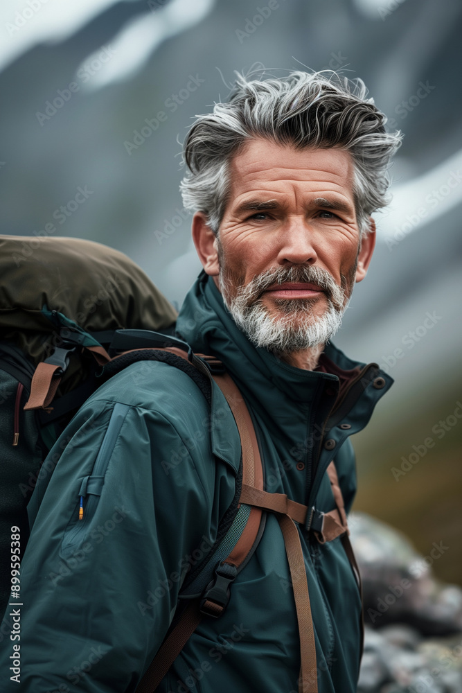 Fototapeta premium A portrait of an attractive mature man hiking in the mountains, wearing outdoor and backpack, 