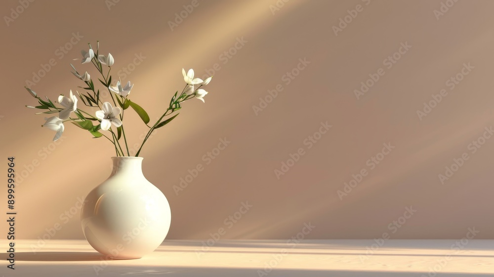 White vase with delicate white flowers, bathed in soft sunlight against a pale pink background. Minimalist and elegant. White vase with delicate white flowers, bathed in soft sunlight against a pale pink background. Minimalist and elegant.