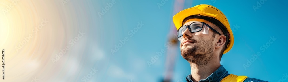 A confident construction worker in a hard hat gazes upward, symbolizing safety, progress, and determination on a sunny day. A confident construction worker in a hard hat gazes upward, symbolizing safety, progress, and determination on a sunny day.