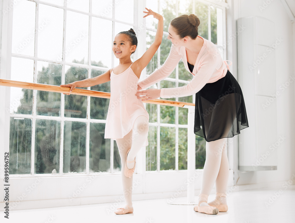 Happy, teacher and child in ballet class for learning, sports or development for talent. Helping, woman and girl or kid in dance studio for lesson, wellness or practice for art show and performance Happy, teacher and child in ballet class for learning, sports or development for talent. Helping, woman and girl or kid in dance studio for lesson, wellness or practice for art show and performance