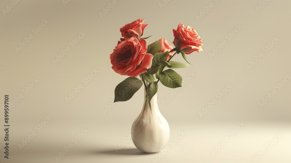 A simple bouquet of red roses in a white vase against a light background. A simple bouquet of red roses in a white vase against a light background.