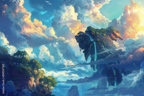 Breathtaking ethereal landscape with floating islands waterfalls and vibrant skies photo