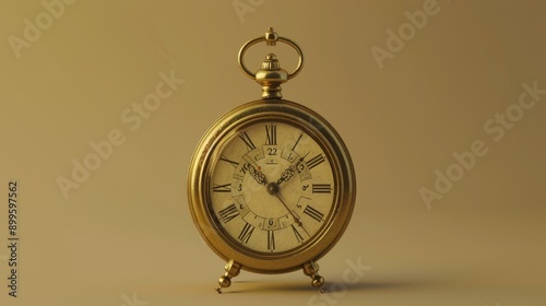 A vintage golden alarm clock with Roman numerals on a beige background.