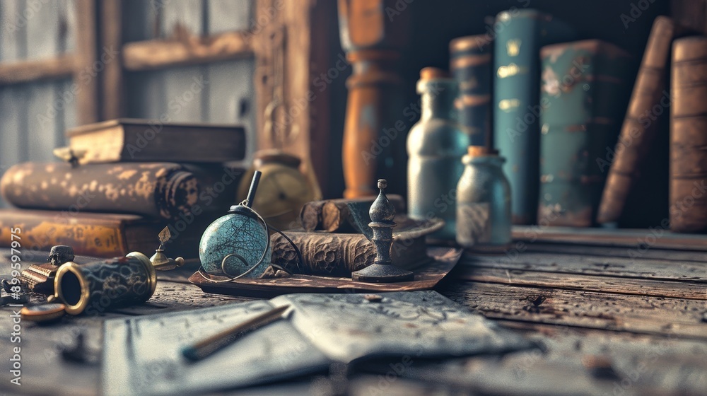 An old, worn wooden desk with antique books, bottles, and writing tools. The image evokes a sense of history and mystery. An old, worn wooden desk with antique books, bottles, and writing tools. The image evokes a sense of history and mystery.