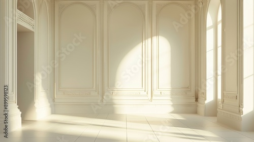 Sunbeams illuminate a spacious, white room with classic moldings and large windows.
