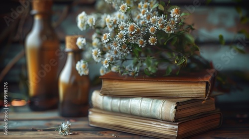 Vintage bottles and dried flowers on a stack of antique books. Rustic, natural, and still life. photo