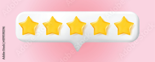 3D Speech bubble with rating five stars for best excellent services feedback, 5 stars rating for quality customer rating concept from client employee, product review. 3d 5 star vector render