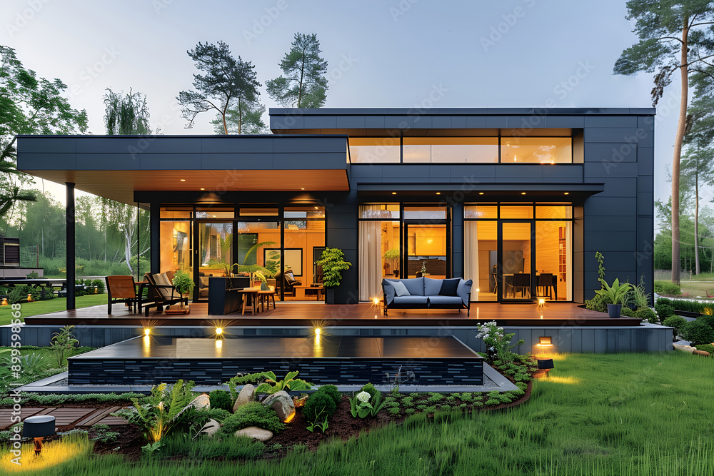 Modern eco house with solar panels, lighting use alternative energy sources. Villa in ecological green area, green grass, bushes and trees around. Concept of ecological energy, solar panels Modern eco house with solar panels, lighting use alternative energy sources. Villa in ecological green area, green grass, bushes and trees around. Concept of ecological energy, solar panels