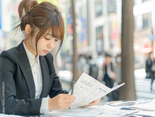 Fototapeta 就活スーツを着て、悩む女子大生 Generative AI