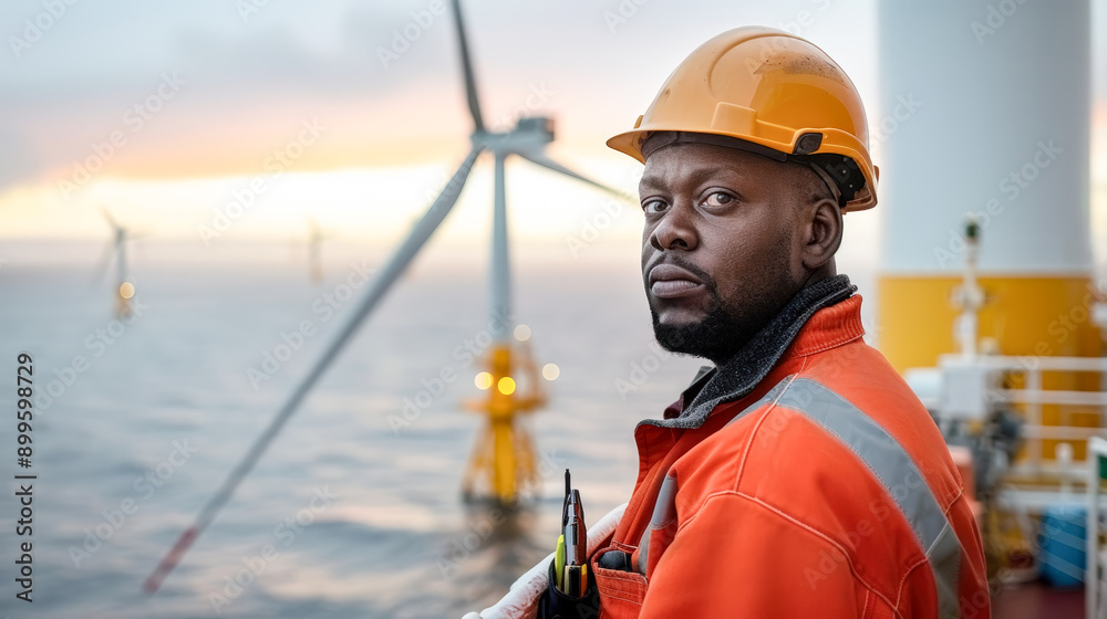 Offshore Wind Energy Engineer Dedicated professional wearing protective gear and helmet standing amidst large wind turbines over the ocean symbolizing renewable energy and sustainable technology Offshore Wind Energy Engineer Dedicated professional wearing protective gear and helmet standing amidst large wind turbines over the ocean symbolizing renewable energy and sustainable technology