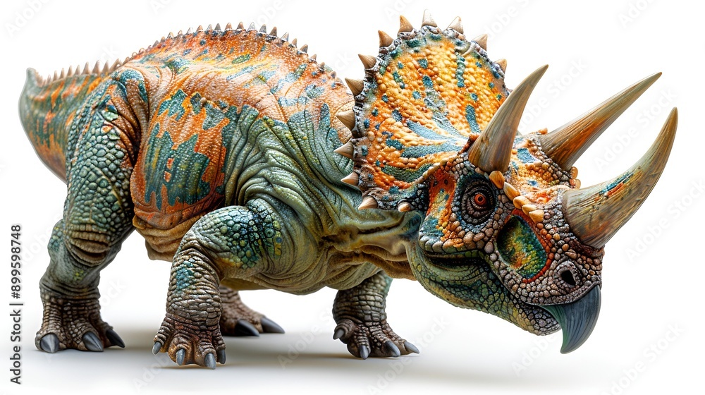 Fototapeta premium A toy triceratops standing on hind legs, roaring with open mouth.