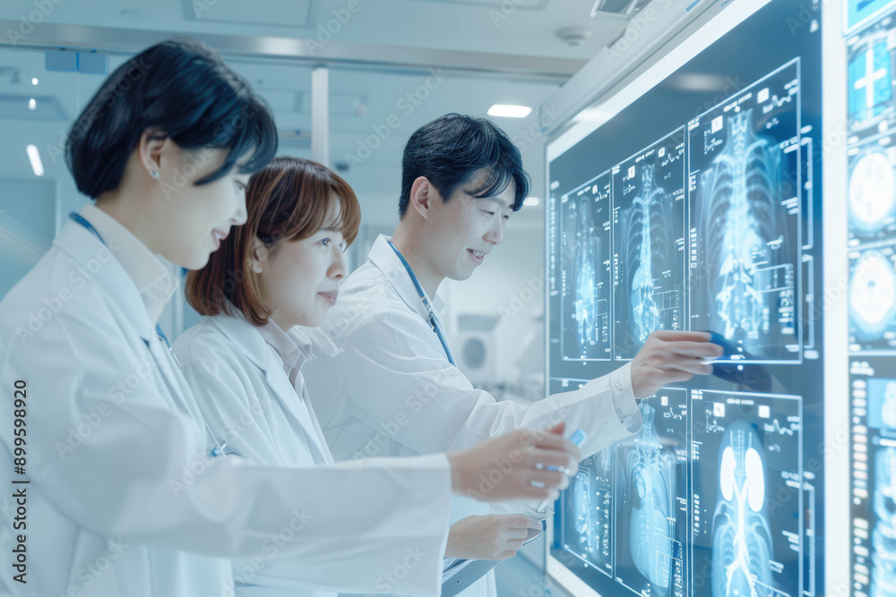 Obraz premium MRIやCTを見て検討するドクター Generative AI