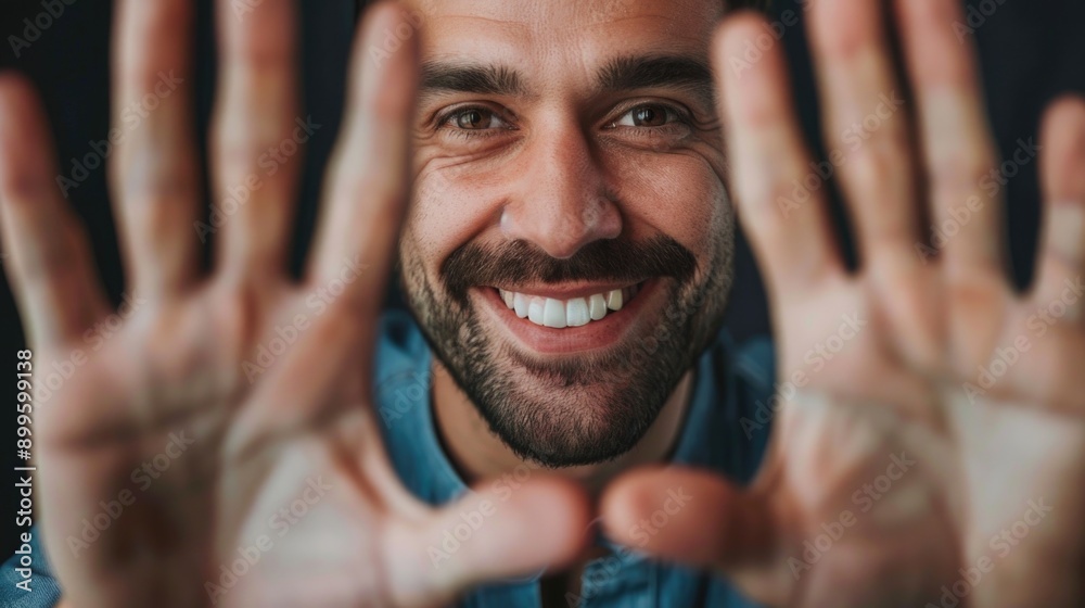 Smiling man putting hands in front of the camera Smiling man putting hands in front of the camera
