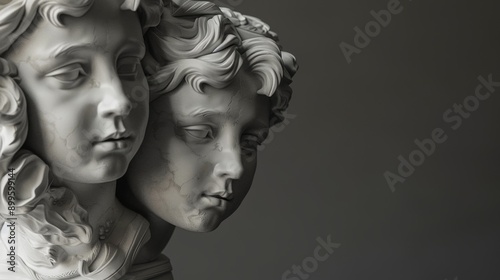 Close-up of two sculpted faces, a timeless representation of youth and innocence. The intricate details and somber expressions create a sense of history and contemplation.