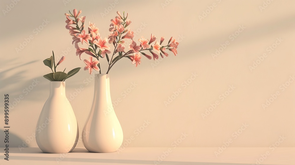 Two white vases with delicate pink flowers in front of a light blue wall with soft morning light. Two white vases with delicate pink flowers in front of a light blue wall with soft morning light.