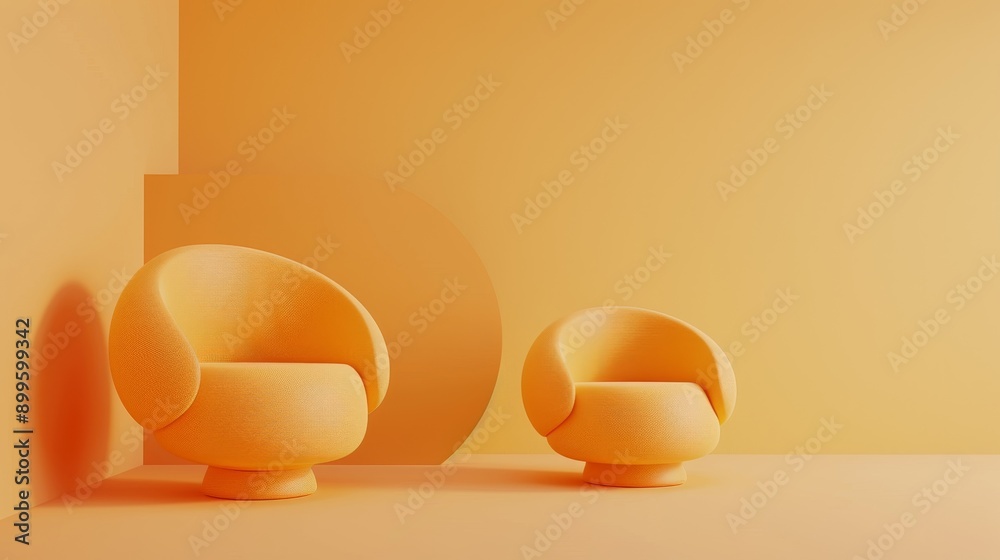 Two orange, spherical chairs in a minimalist, orange room Two orange, spherical chairs in a minimalist, orange room
