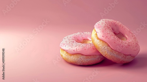 Two pink frosted donuts with sprinkles on a pink background. photo