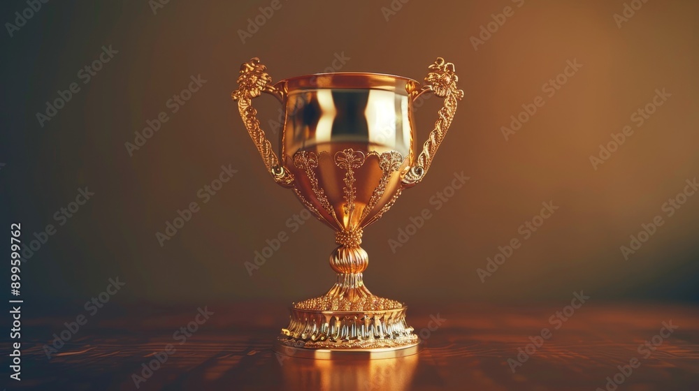 A gleaming golden trophy with intricate details stands on a wooden surface, symbolizing achievement and victory. A gleaming golden trophy with intricate details stands on a wooden surface, symbolizing achievement and victory.