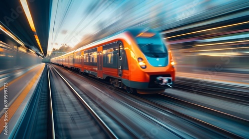 Dynamic Speed. Train in motion speeding along tracks enhanced by motion.