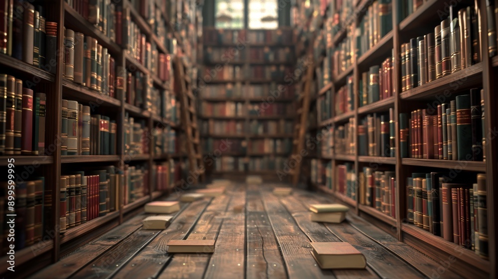 A narrow, book-lined corridor in a grand library. Sunlight streams through a high window, illuminating dust motes in the air. A narrow, book-lined corridor in a grand library. Sunlight streams through a high window, illuminating dust motes in the air.