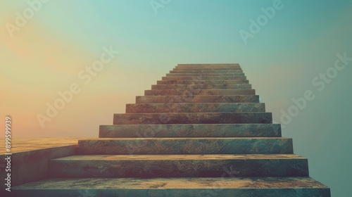 A long staircase leading up into a foggy, pastel sky at sunrise.  The steps symbolize progress, hope, and the unknown.