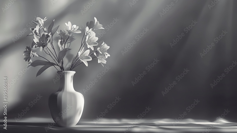 A simple white vase with delicate flowers, bathed in soft sunlight, creating a serene and elegant still life.