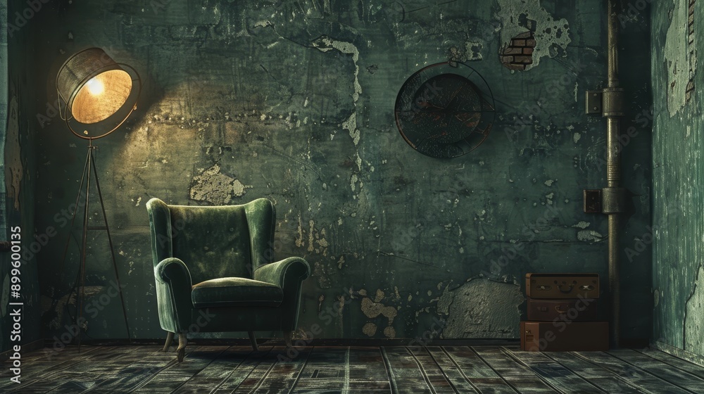 A single armchair sits in a dimly lit room with worn walls and a faded patterned floor. The room feels abandoned and forgotten. A single armchair sits in a dimly lit room with worn walls and a faded patterned floor. The room feels abandoned and forgotten.