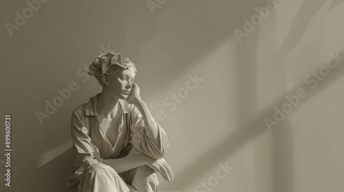 A white marble statue of a woman sitting with her chin on her hand, bathed in soft sunlight.